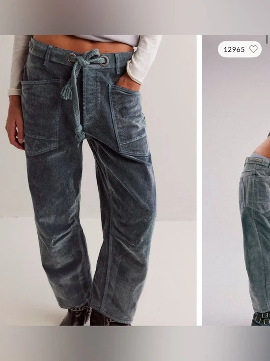 NWOT Free People We The Free Moxie Flocked Pull-On Barrel Jeans green blue 31 IR - Picture 6 of 13